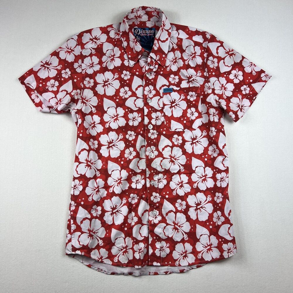 Dixxon Aloha Series Shirt Mens Small Red White Floral Hawaiian Button Up Beach